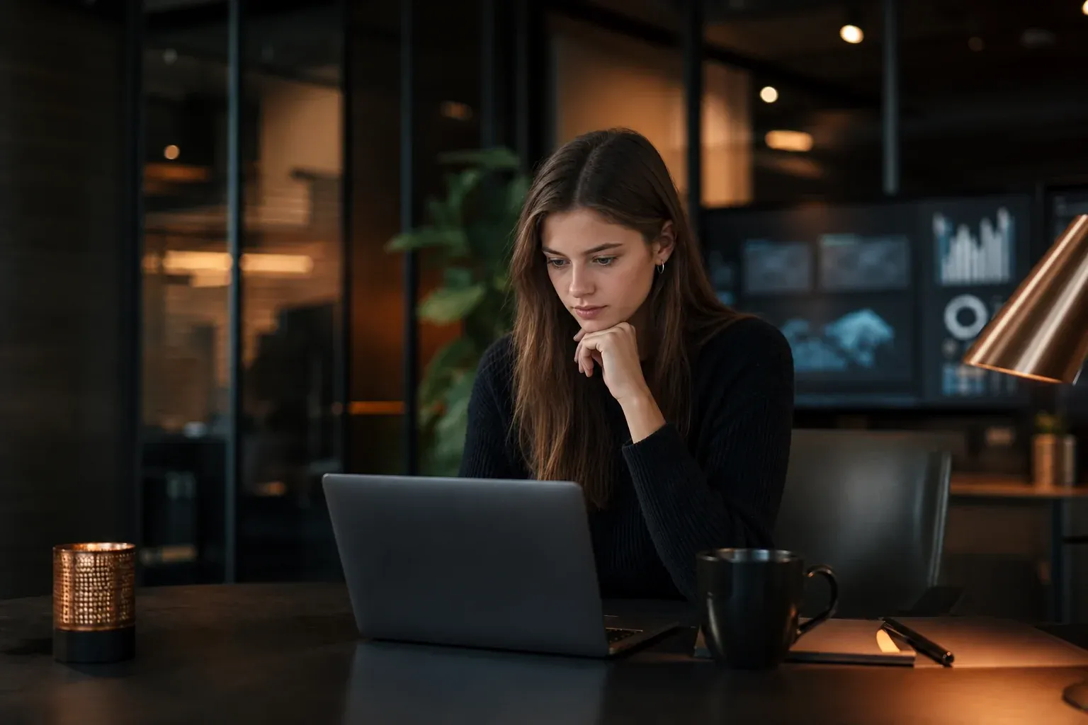 Junge Frau am Laptop berechnet den ROI einer Automatisierungssoftware anhand von Stundensätzen und Lizenzkosten