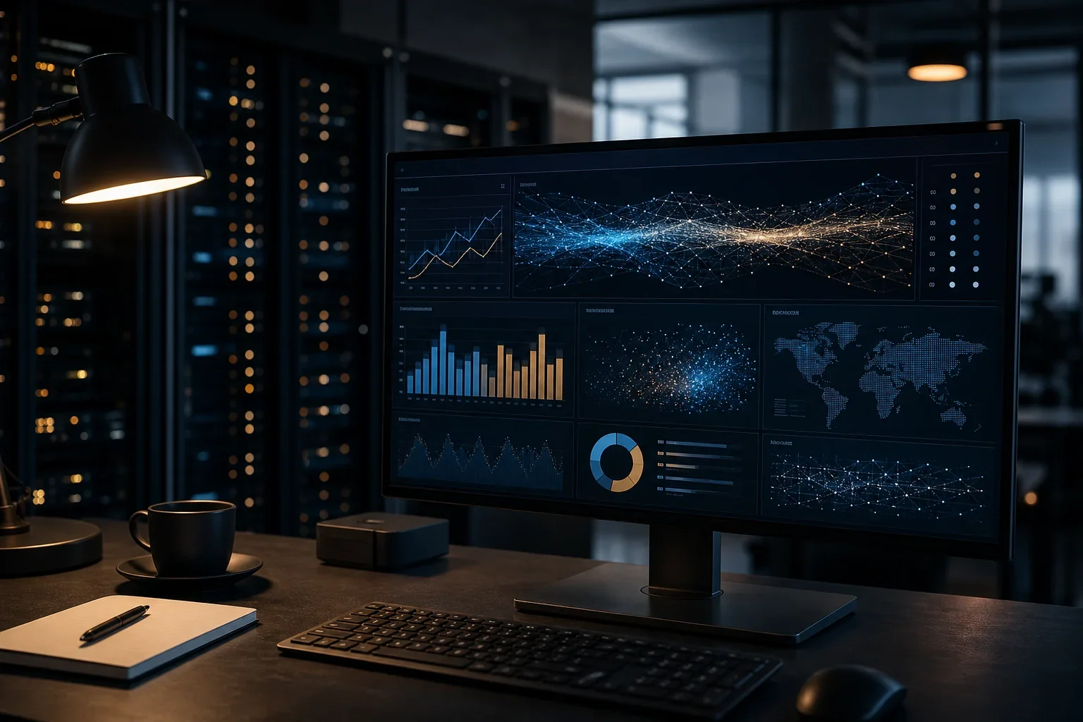 Dashboard einer Big Data Software mit Echtzeit-Kennzahlen auf einem Monitor