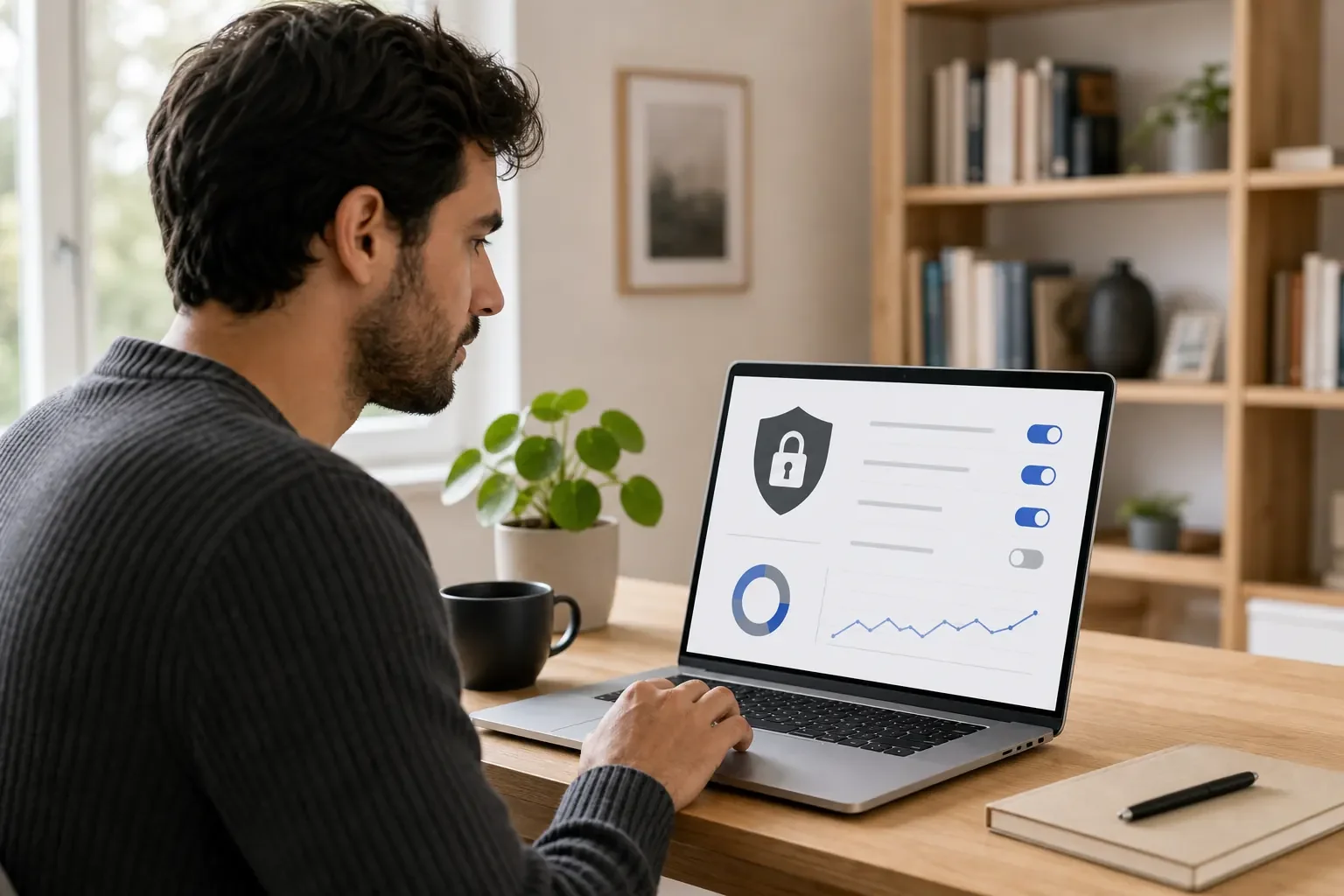 Junger Mitarbeiter prüft ein Datenschutztool auf einem Laptop-Dashboard