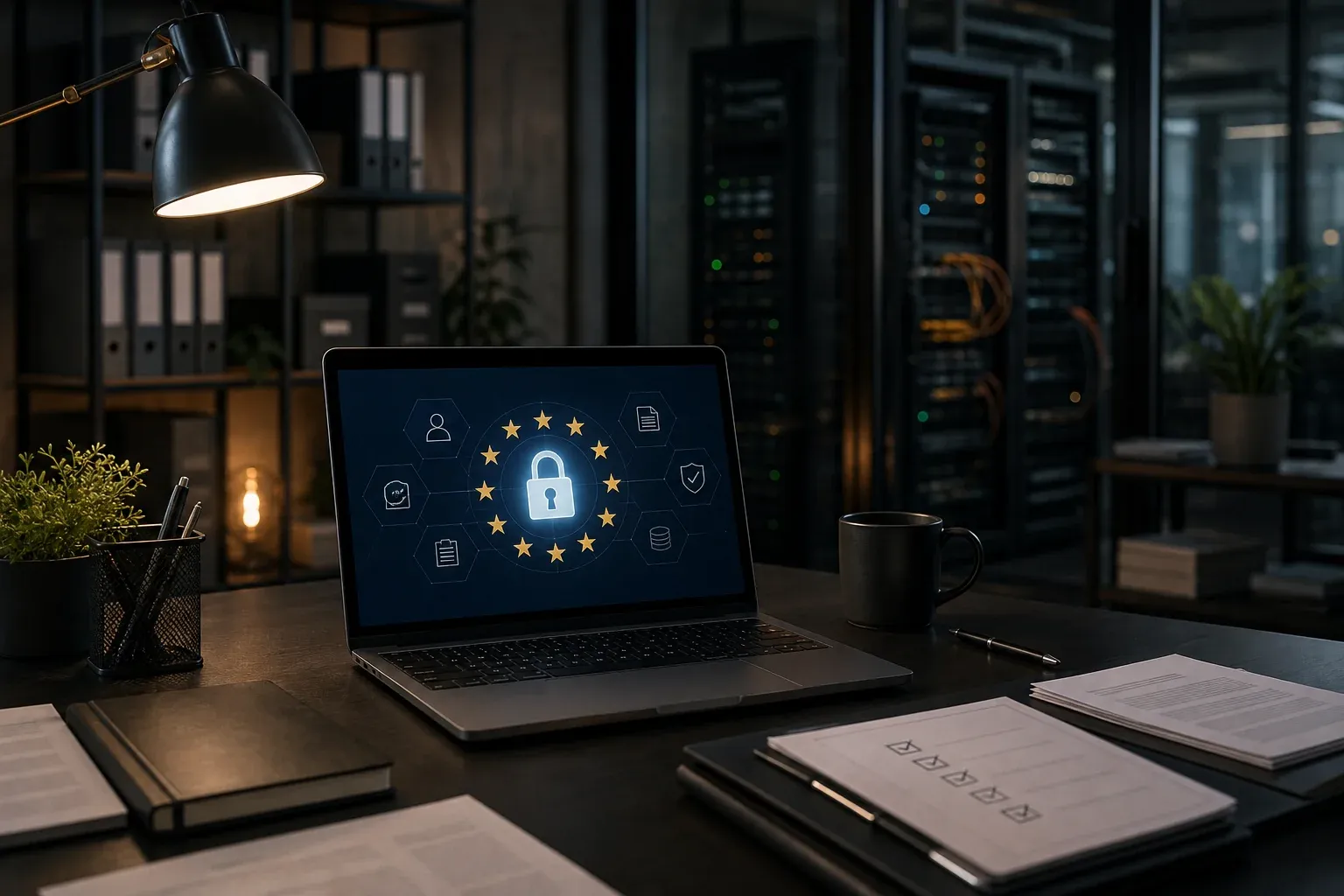 DSGVO-Checkliste für Software im KMU: Büroarbeitsplatz mit Laptop und Datenschutz-Symbolen