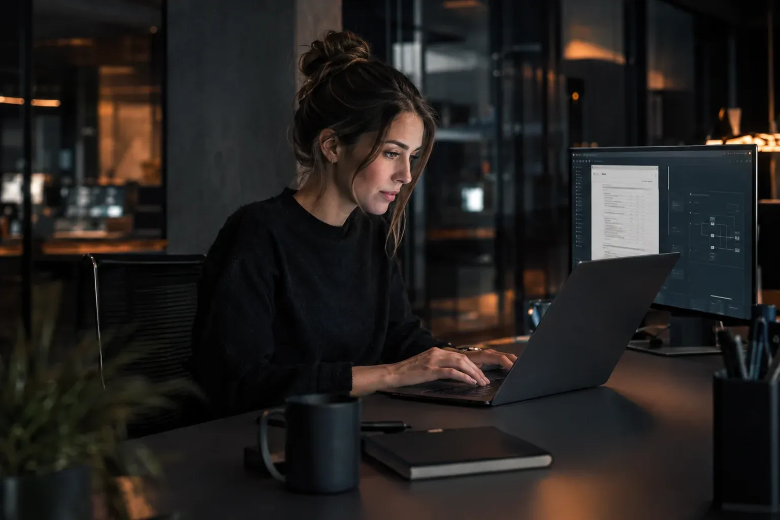 Junge Frau am Laptop prüft eine XML-Rechnung in einer Buchhaltungssoftware