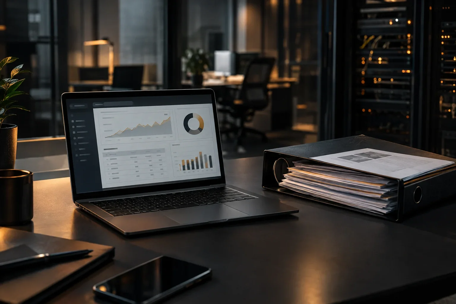 Laptop mit GoBD-konformer Buchhaltungssoftware, daneben ein Ordner mit digitalisierten Belegen