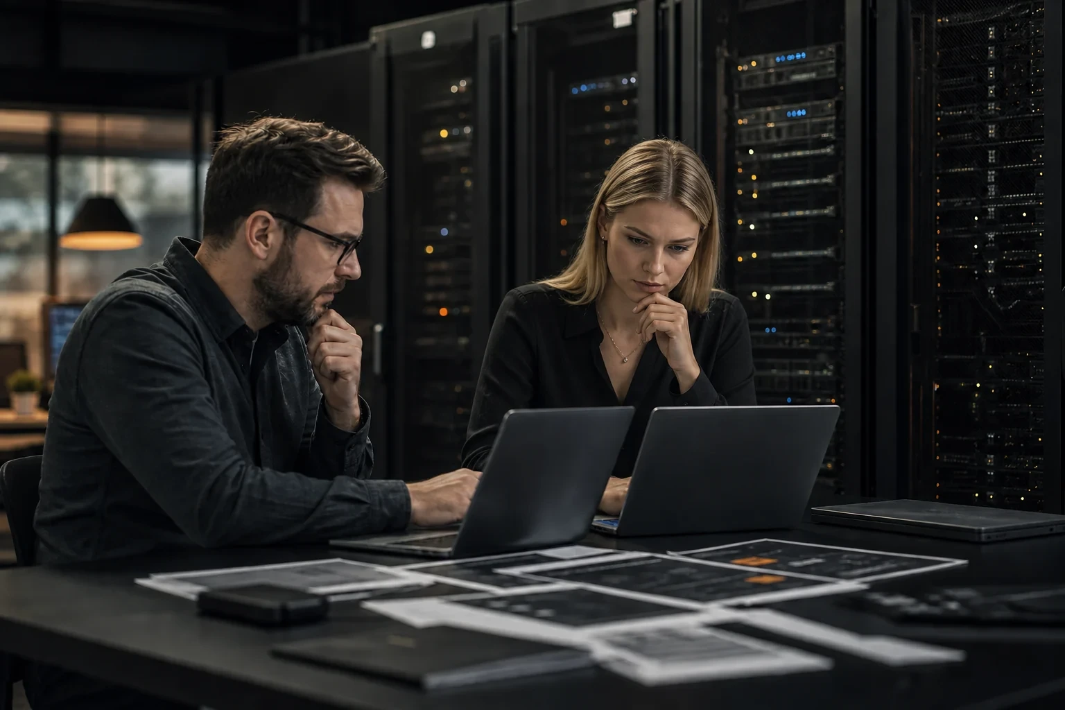 Vergleich von Hosting-Anbietern für kleine und mittlere Unternehmen mit Serverracks im Hintergrund