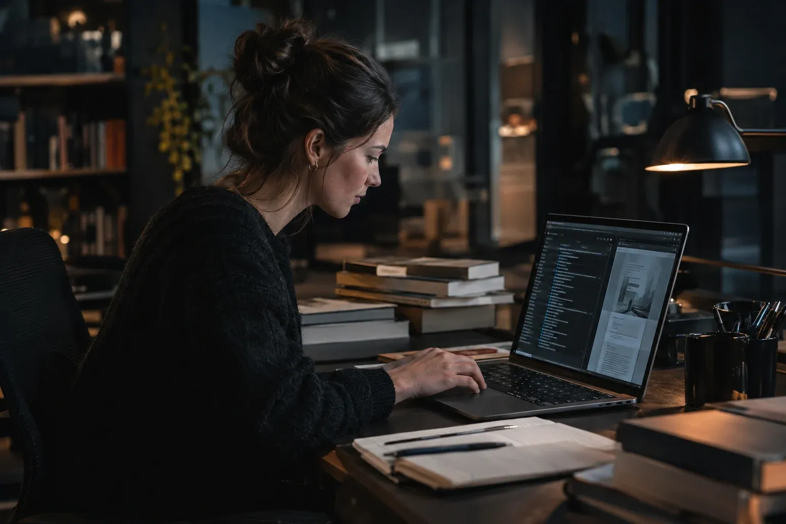 Junge Frau am Laptop, die in einer Literaturverwaltung Quellen für ihre Masterarbeit sortiert
