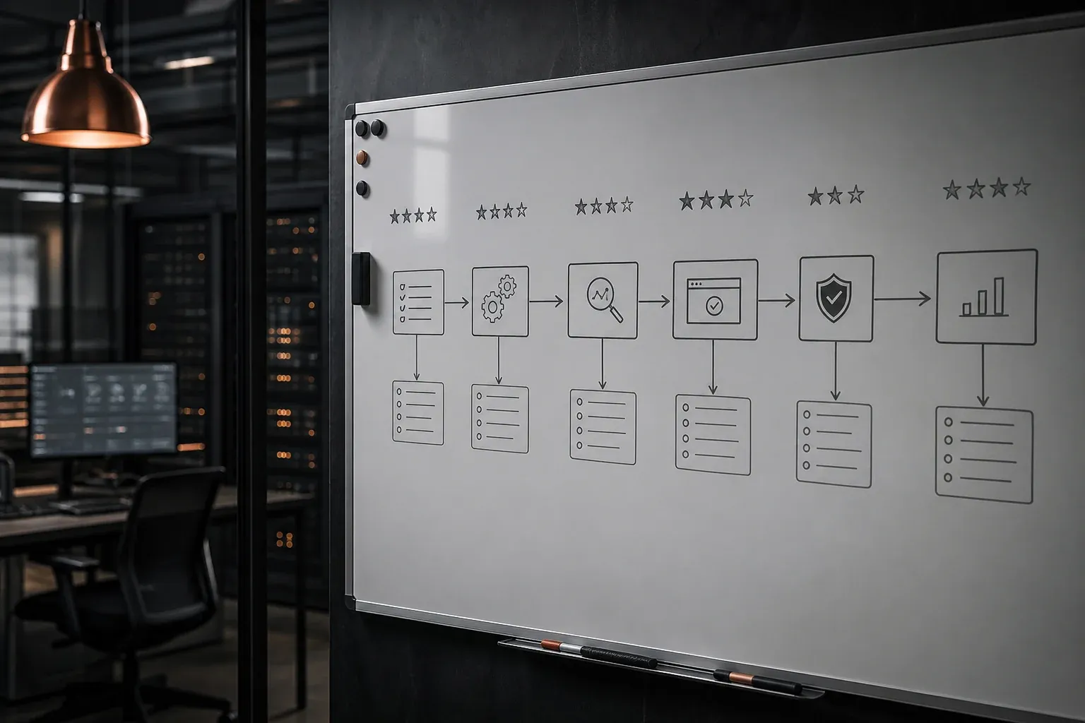 Whiteboard mit Prozessschritten und Bewertungspunkten einer Software-Testphase im Mittelstand