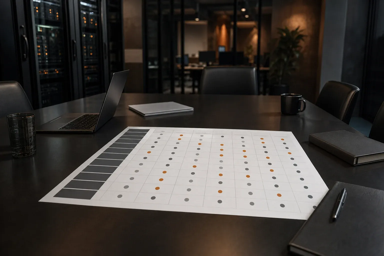 Entscheidungsmatrix zur Software Auswahl im KMU mit bewerteten Kriterien auf einem Konferenztisch