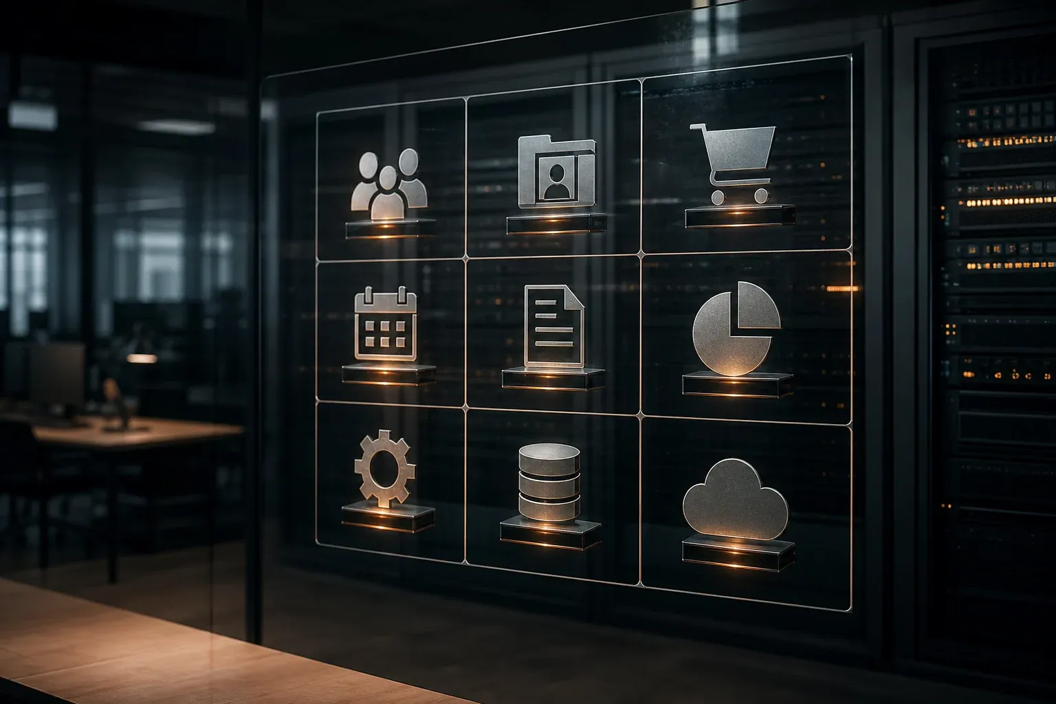 Übersichtliche Matrix eines KMU-Software-Stacks mit Kategorien wie CRM, Buchhaltung und Hosting