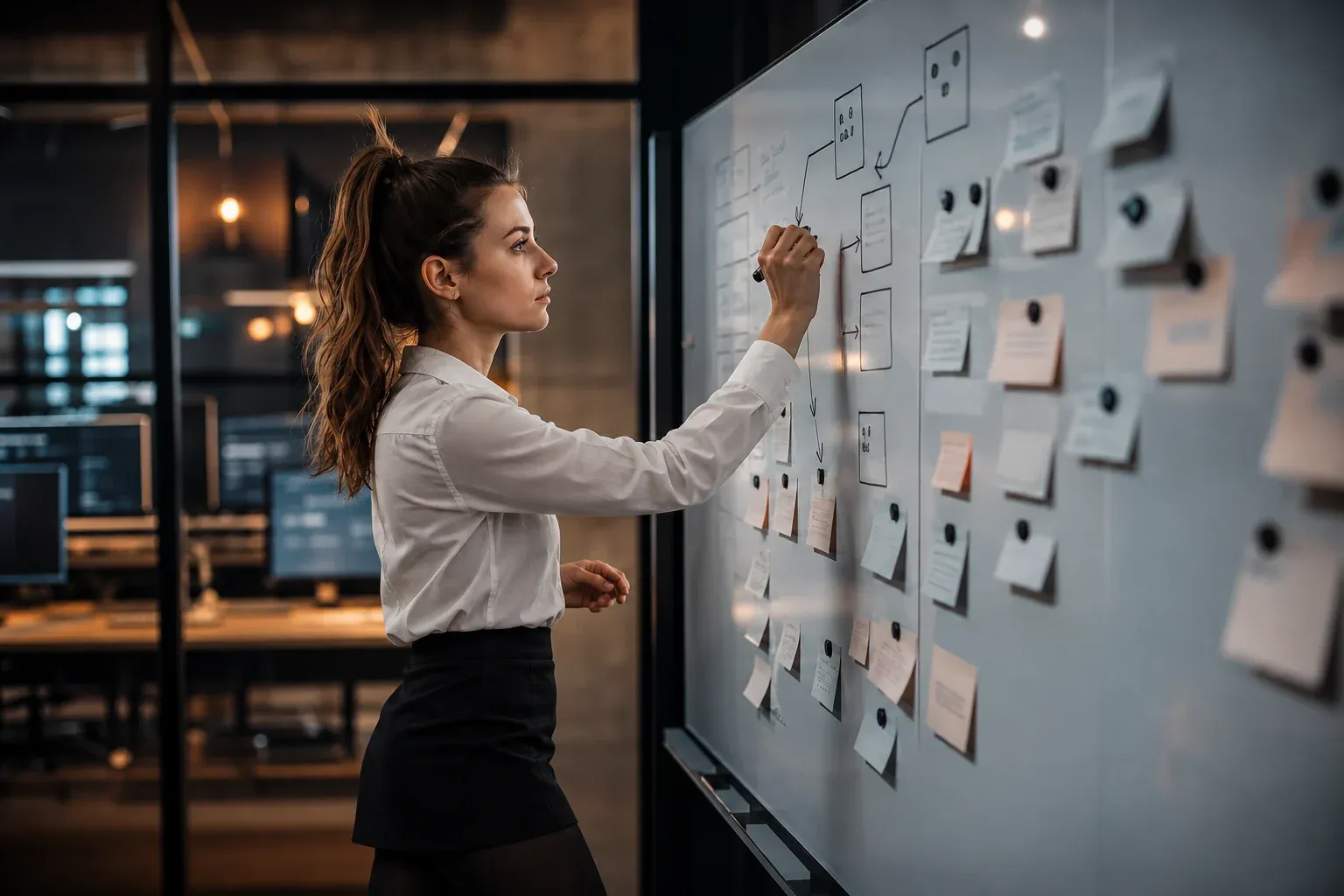 Junge Frau steht vor einem Whiteboard mit einem Refactoring-Plan und priorisierten Tickets